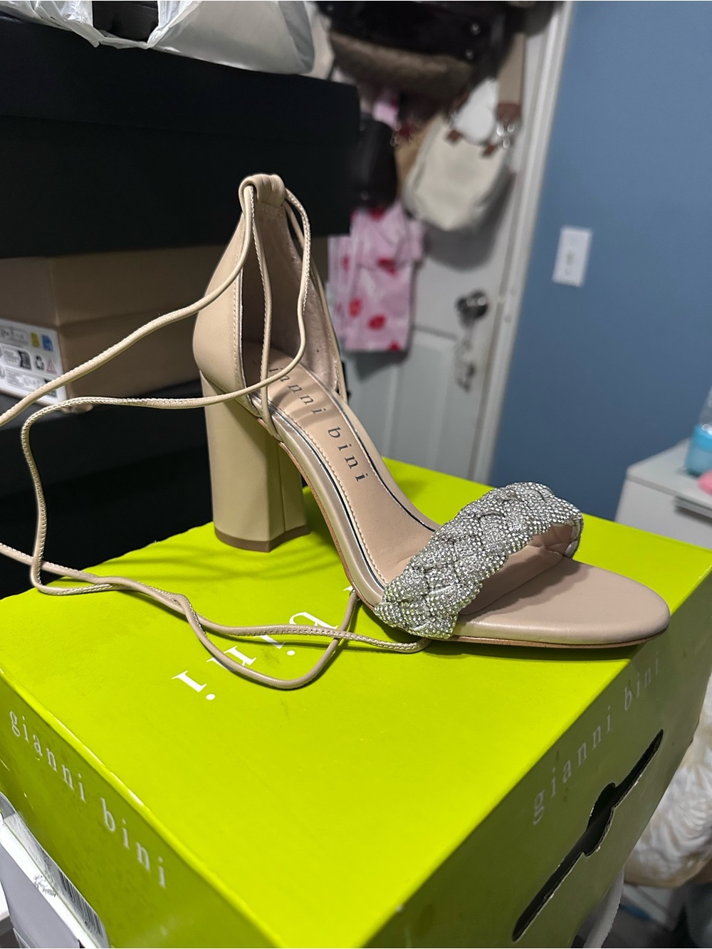 Gianni Bini Nude Blush Beaded Ankle-Tie Block Heel Sandals